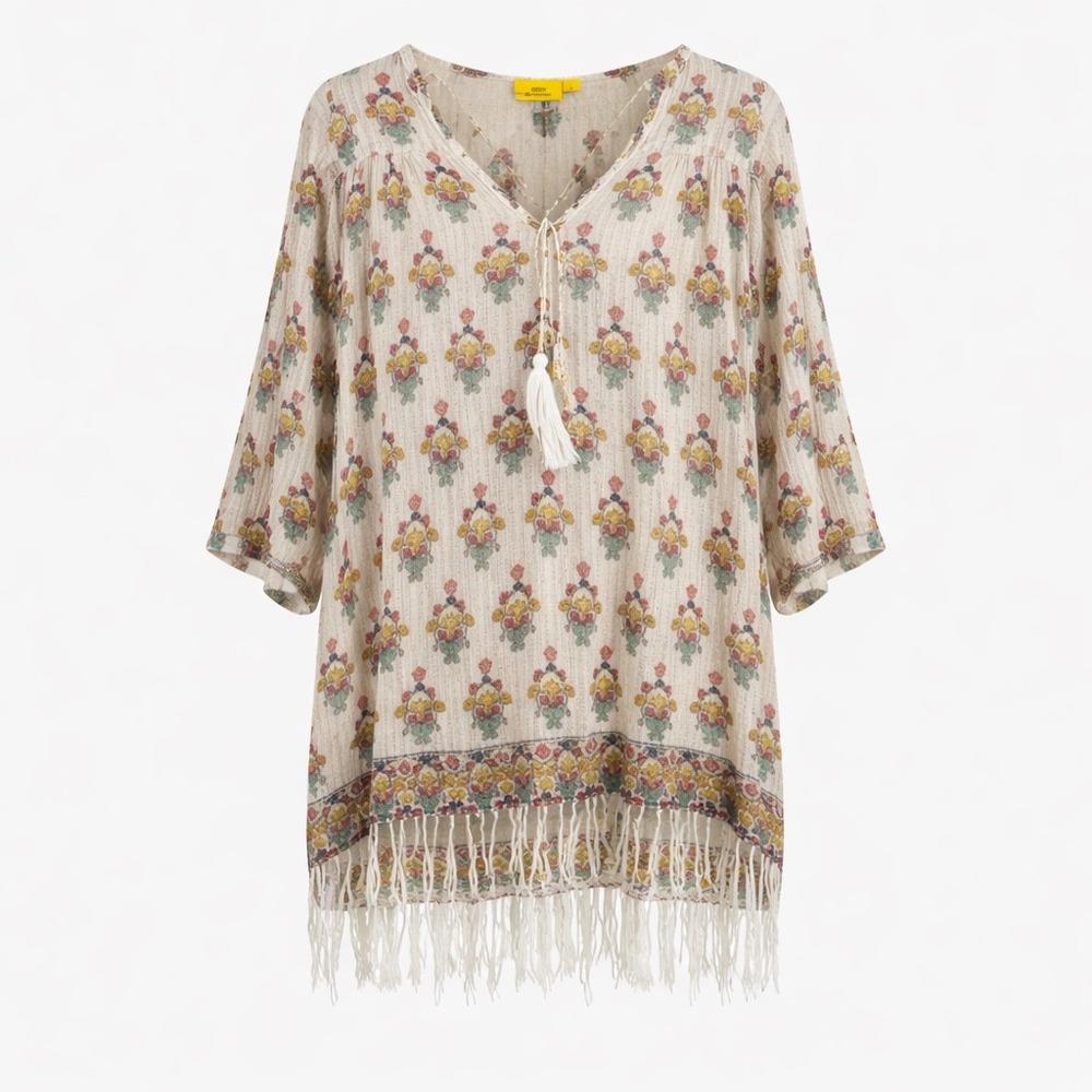 Roller Rabbit‎ Tunic Women S White Floral Metallic Fringe Boho Beach Cover up